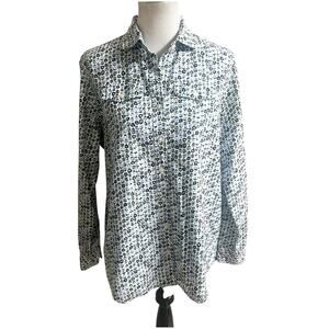 Lands End Women’s Sz L Blue Green All Over Floral Print Button Up Shirt Collared
